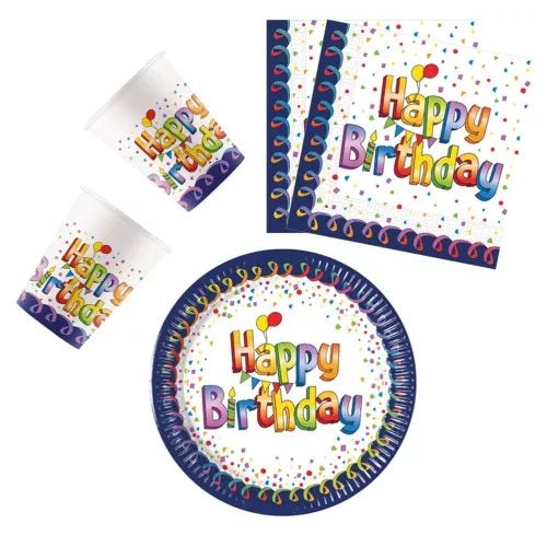  Multicolor Happy Birthday party szett 36 db-os 23 cm-es tányérral