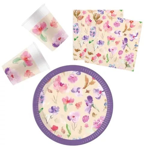  Watercolor Flowers, Virág party szett 36 db-os 23 cm-es tányérral