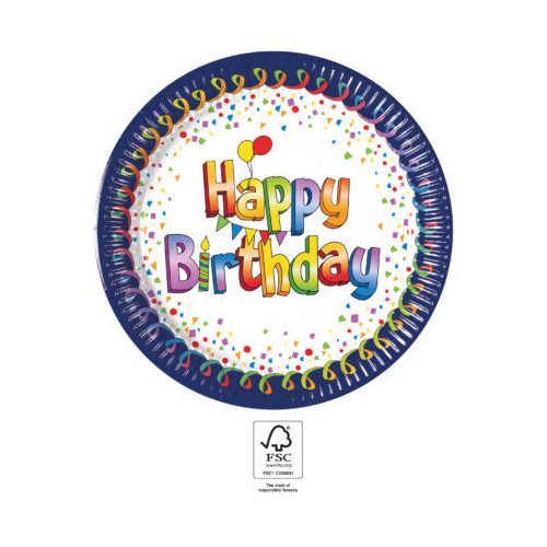 Happy Birthday Multicolor papírtányér 8 db-os 23 cm FSC